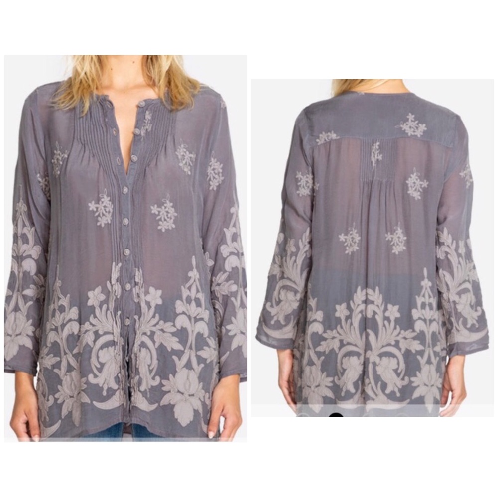 NWT Johnny Was Gray Pleated Button Down Embroidered Tunic Size Small